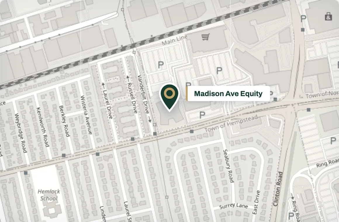 Map showing Madison Ave Equity at 1 Old Country Road in Carle Place, New York.